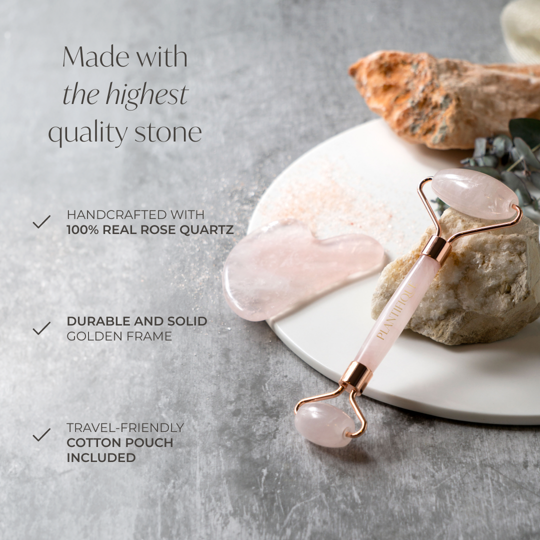 Rose quartz roller and rose quartz gua sha from Plantifique