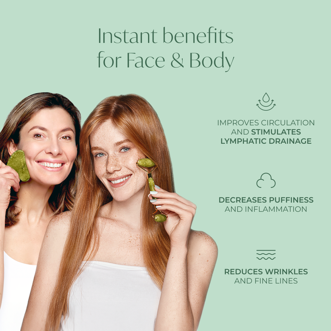 2 smiling women using the Plantifique gua sha and plantifique jade roller