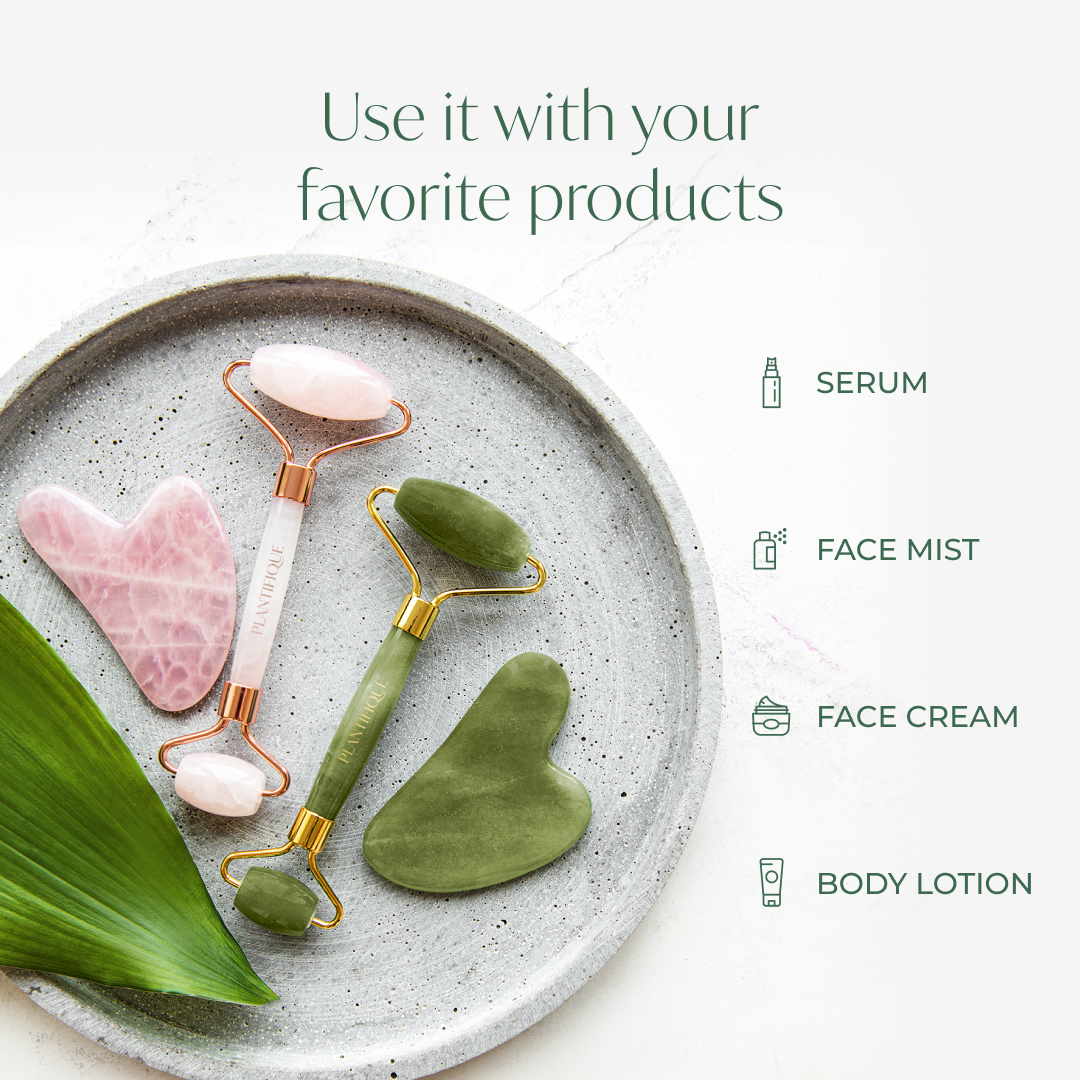 Using the Jade and Rose Quartz roller and gua sha from plantifique with skincare products