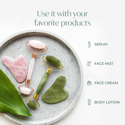 Using the Jade and Rose Quartz roller and gua sha from plantifique with skincare products