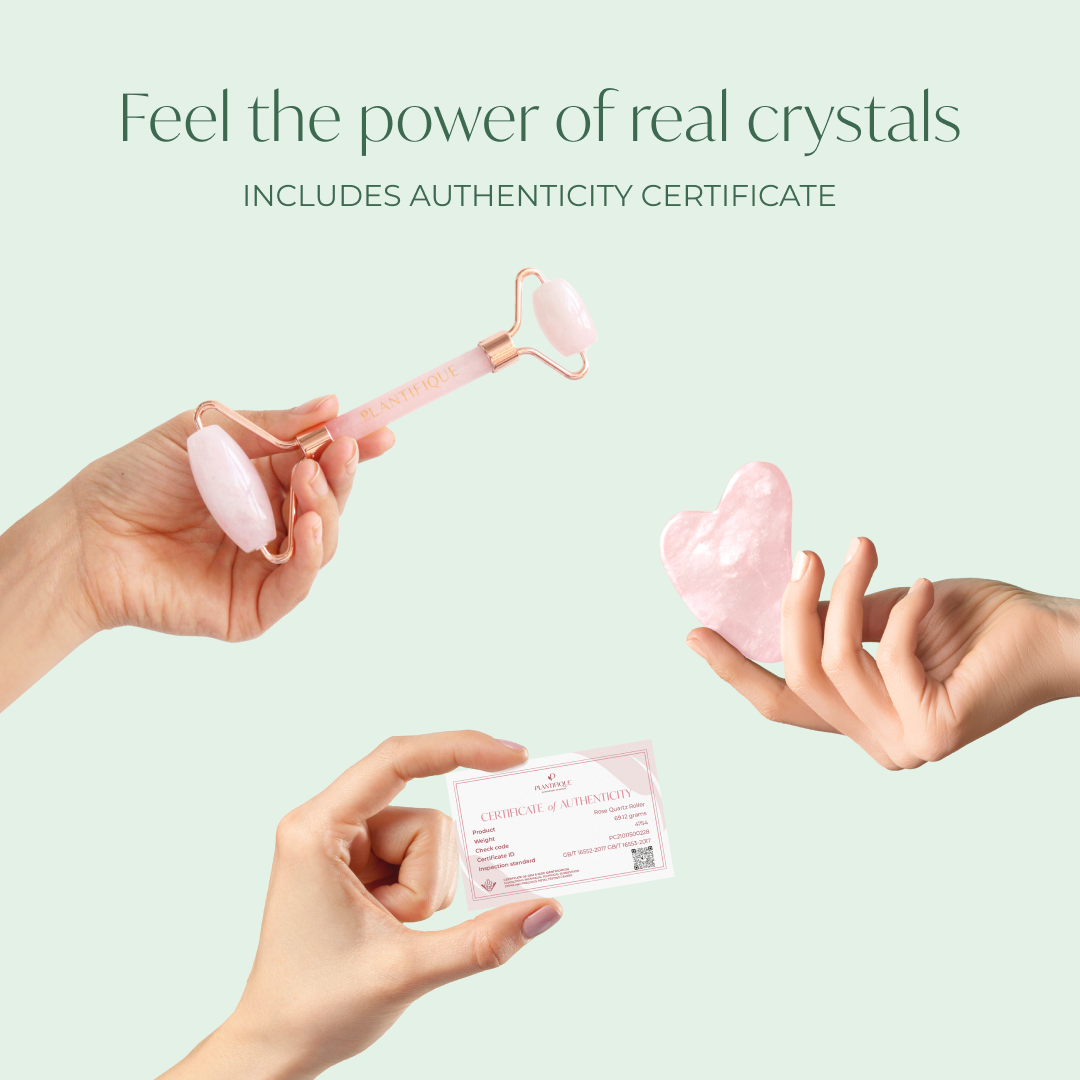 authenticity certificate for the rose quartz roller and gua sha from plantifique