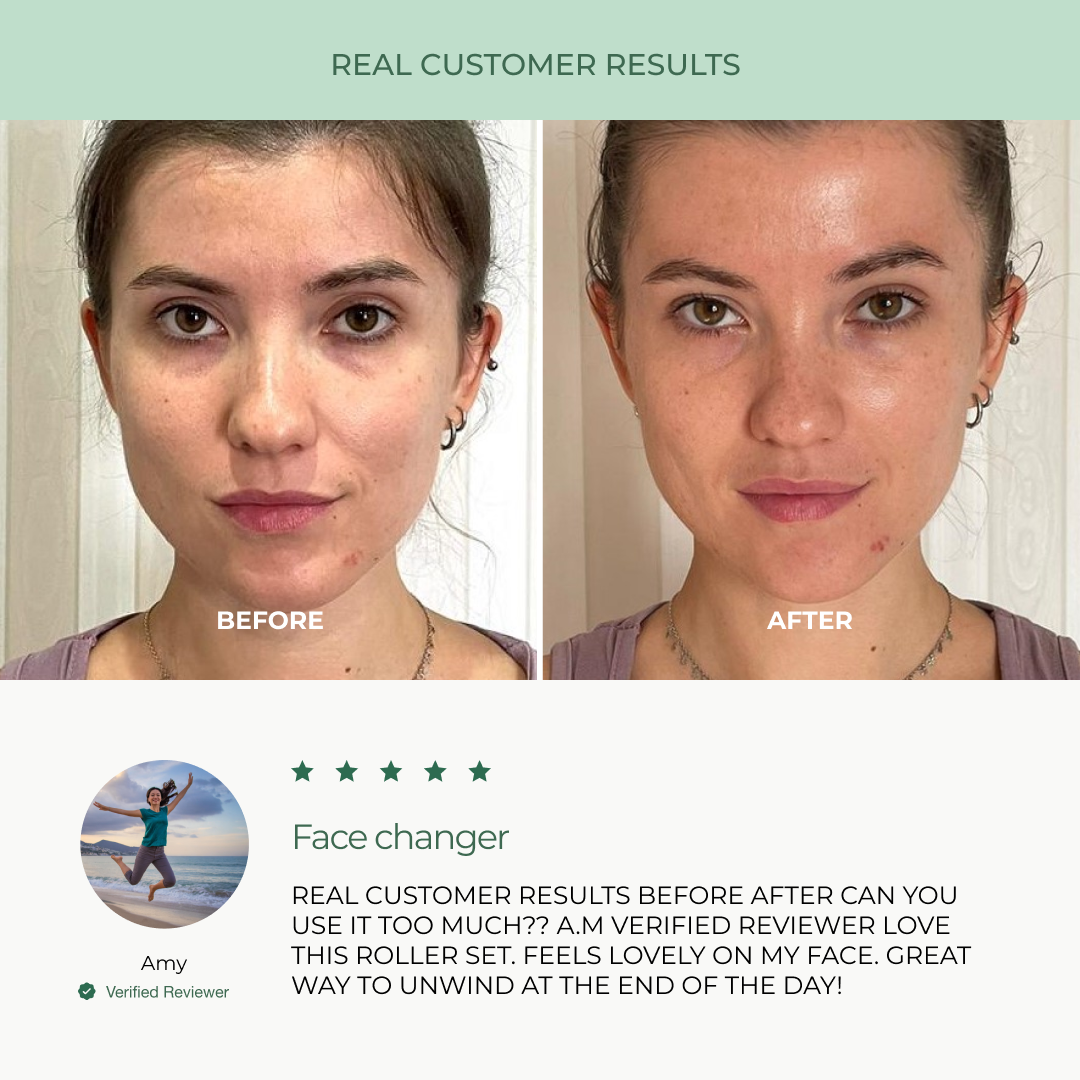woman's before and after depuffed face after using the Plantifique massage set